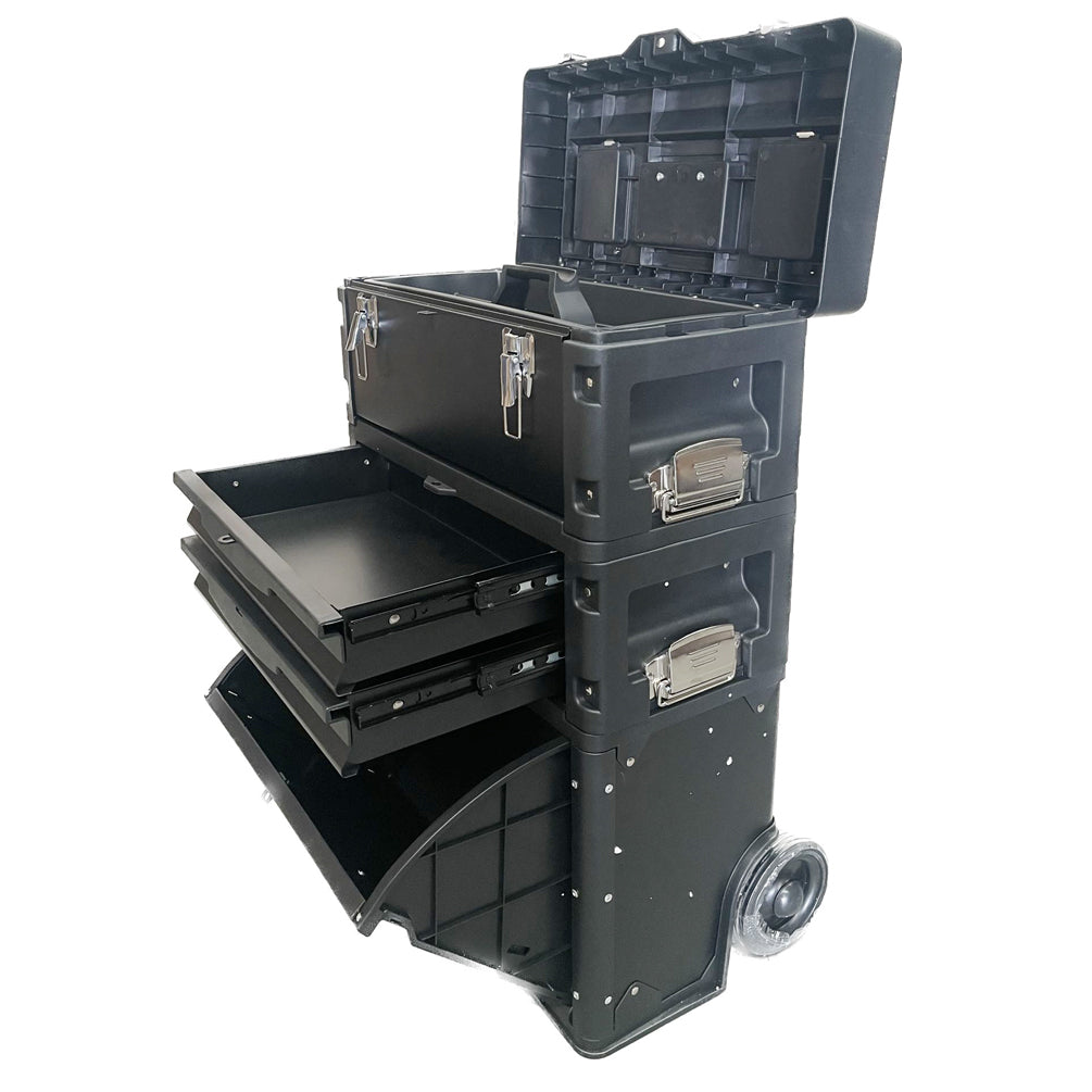Lockable Rolling Tool Box on Wheels 3 Compartment Combination Telescopic Handle