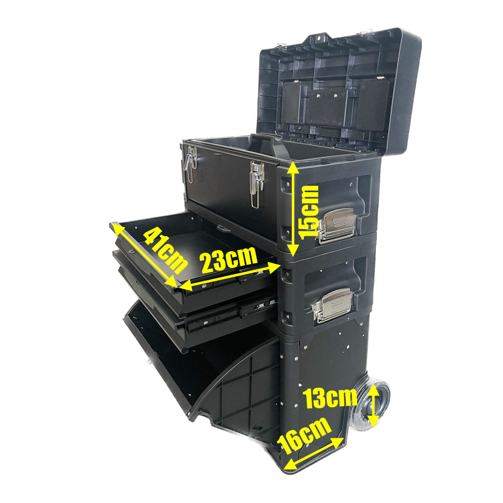 Lockable Rolling Tool Box on Wheels 3 Compartment Combination Telescopic Handle