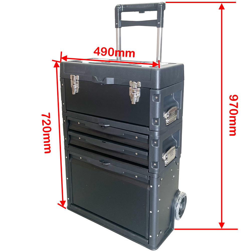 Lockable Rolling Tool Box on Wheels 3 Compartment Combination Telescopic Handle