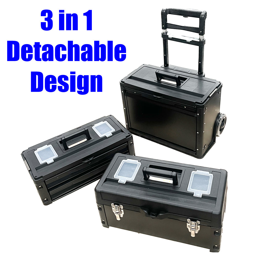Lockable Rolling Tool Box on Wheels 3 Compartment Combination Telescopic Handle