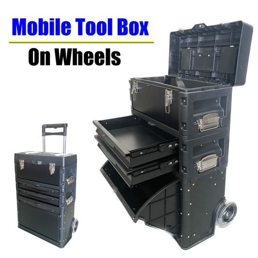 Lockable Rolling Tool Box on Wheels 3 Compartment Combination Telescopic Handle
