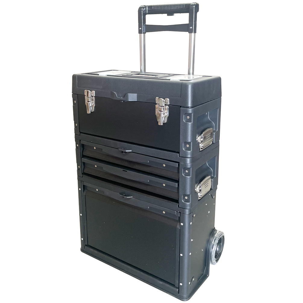 Lockable Rolling Tool Box on Wheels 3 Compartment Combination Telescopic Handle
