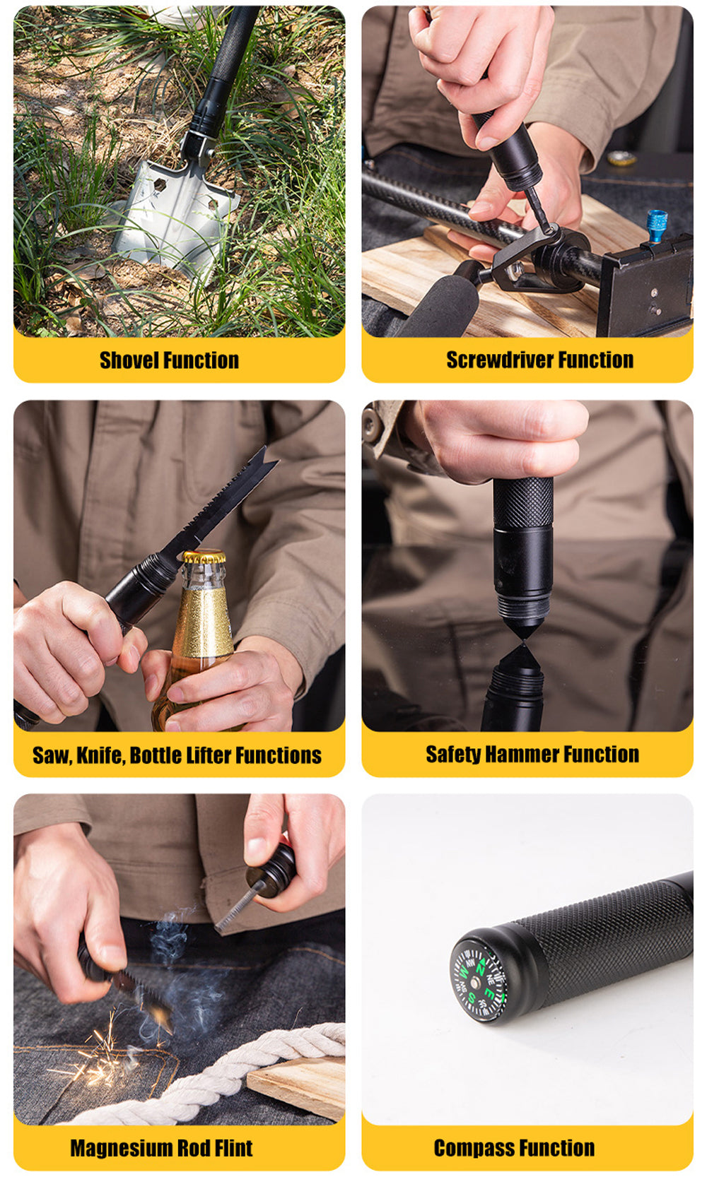73cm Folding Shovel Saw Knife Screwdriver Compass Flint Camping Survival Tool