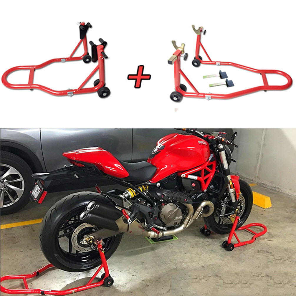 2PC Motorcycle Dolly Wheel Stand - Motorbike Front Wheel Stand+Rear Wheel Stand