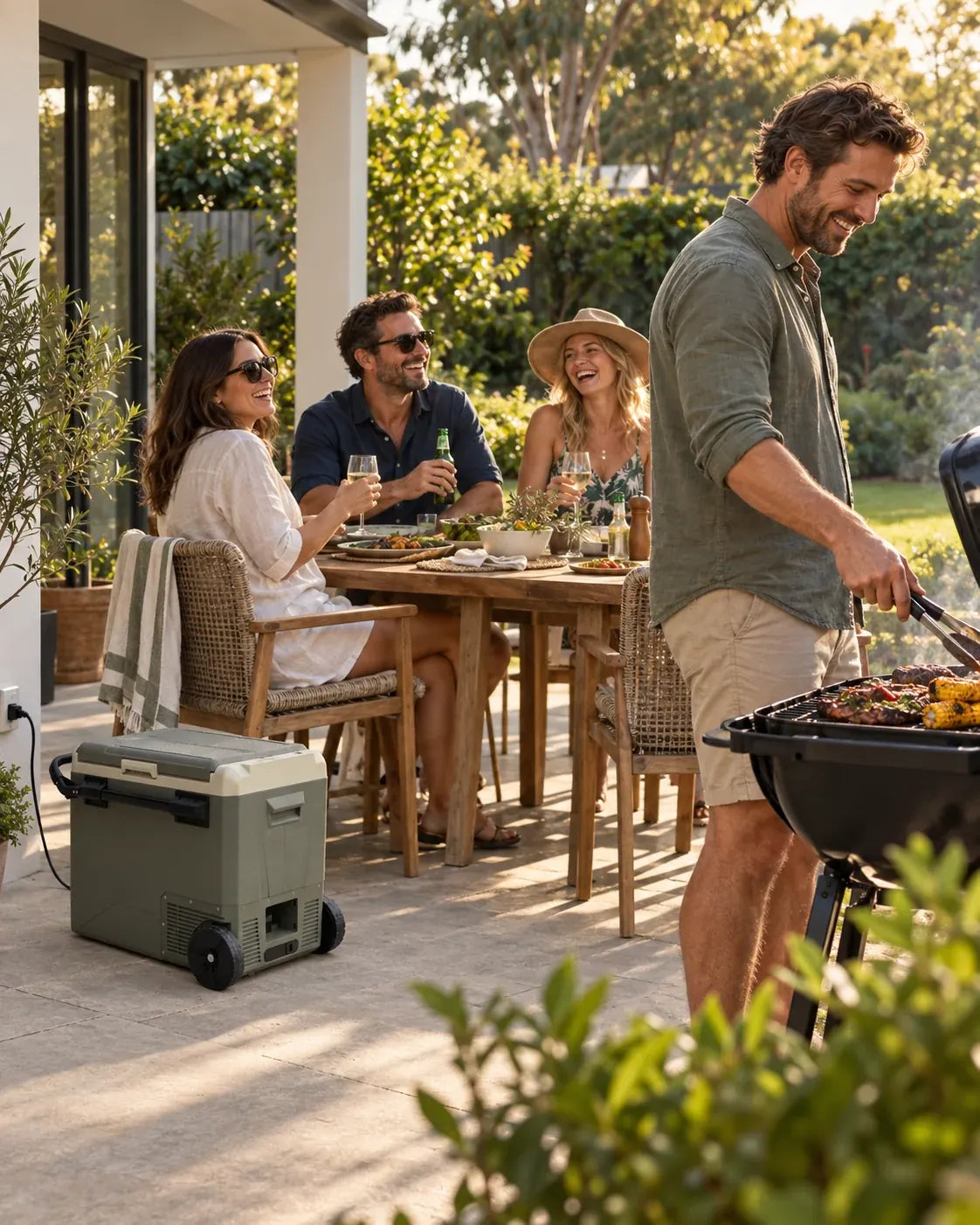 Friends sharing a relaxed backyard barbecue.