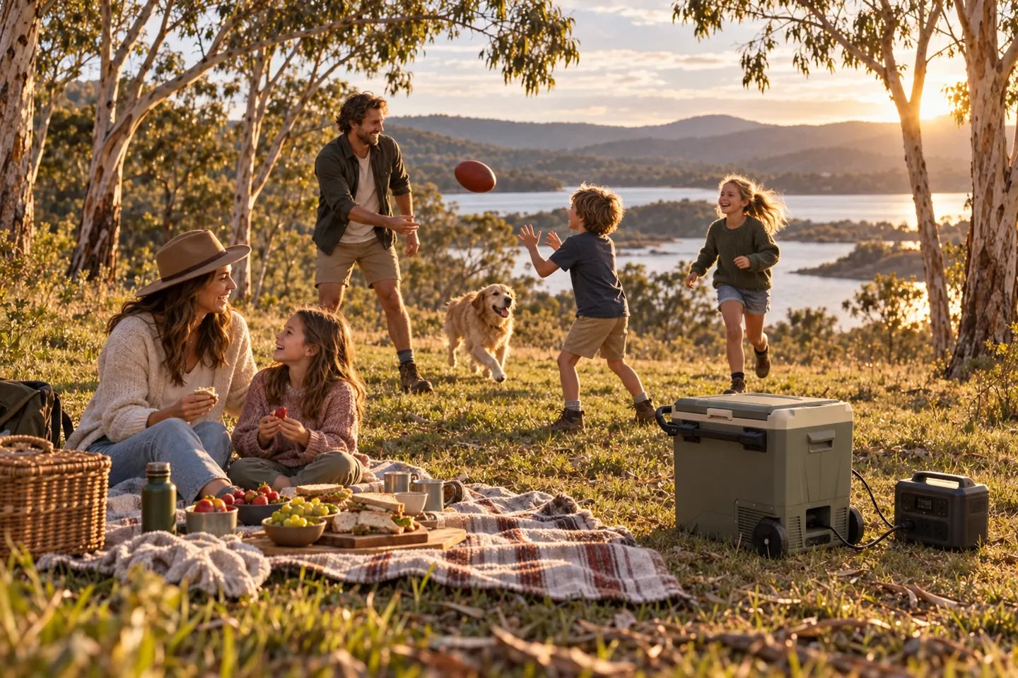 Parents and children sharing a countryside picnic and playing together.