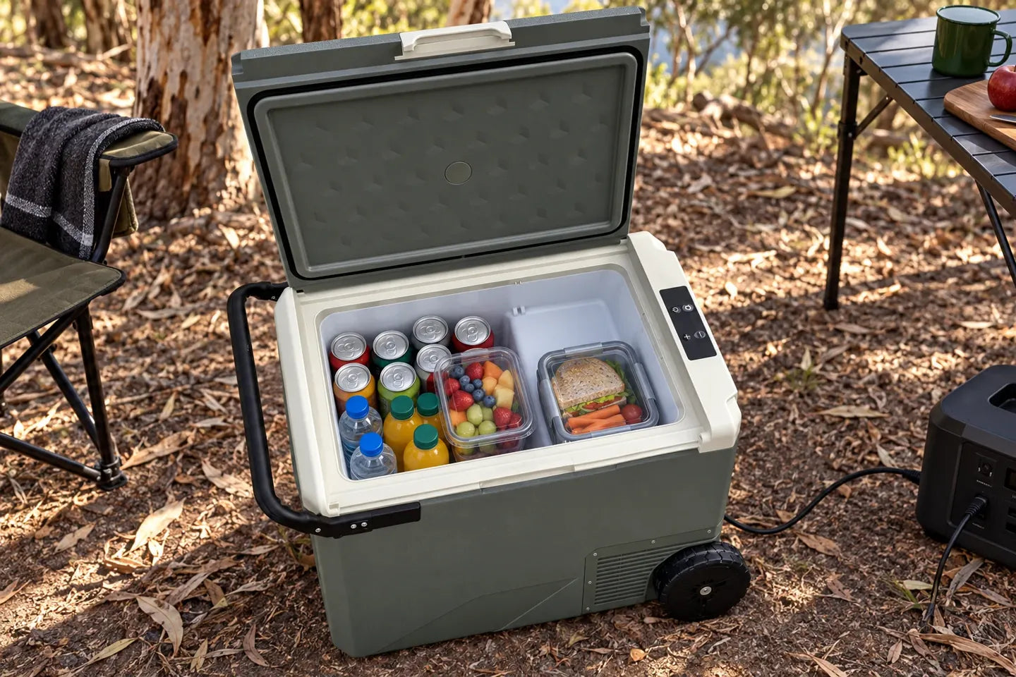 Open Eisberge fridge holding drinks and food without loose ice.