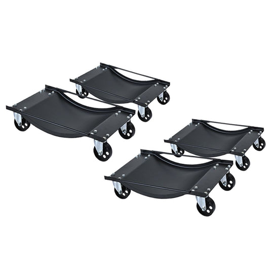 Four black platform car wheel dollies with swivel castors