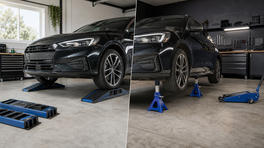 Car ramps and jack stands compared in a home garage