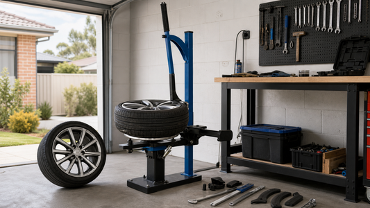 Manual tyre changer setup in an Australian home garage