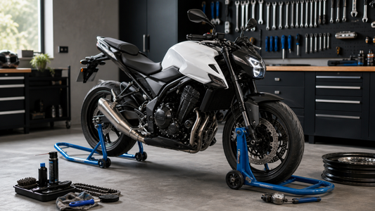 Motorcycle supported by front and rear paddock stands in a workshop