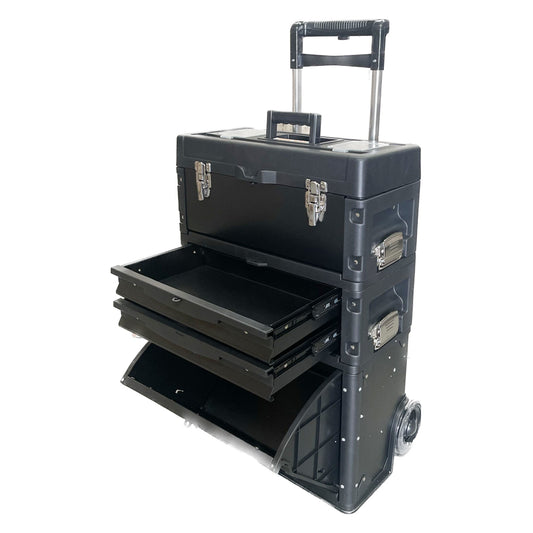 Lockable Rolling Tool Box on Wheels 3 Compartment Combination Telescopic Handle