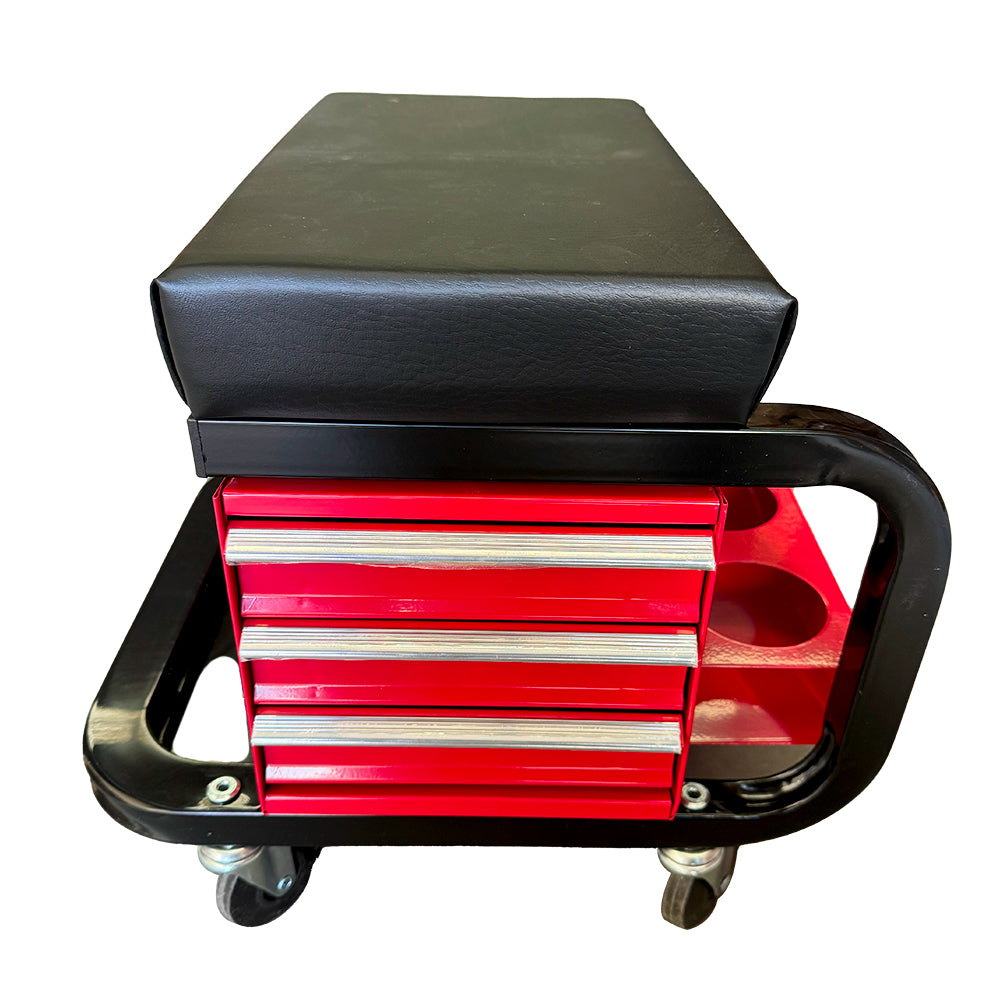 3-Drawer Mechanic Creeper Seat Mobile Work Stool Tool Storage Bottle Holders