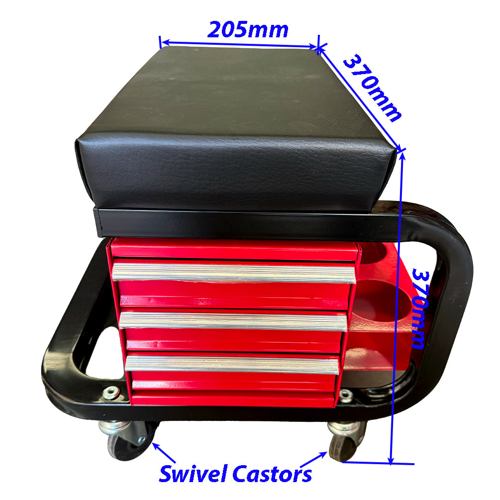 3-Drawer Mechanic Creeper Seat Mobile Work Stool Tool Storage Bottle Holders