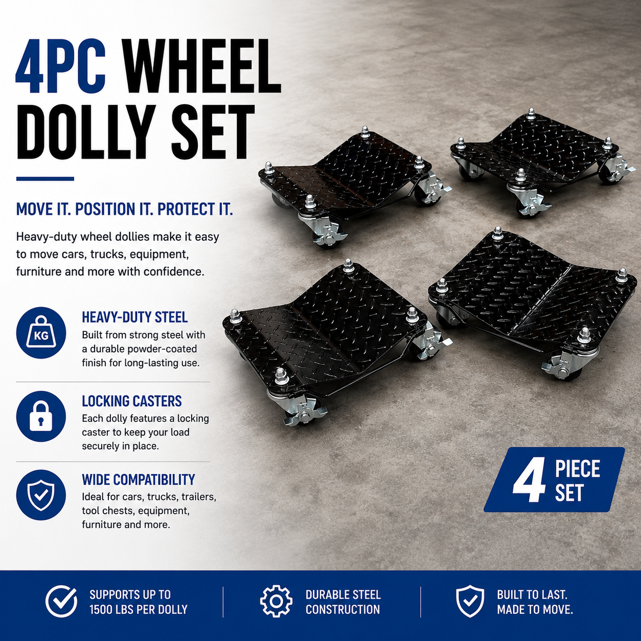 4PC Car Wheel Dolly Vehicle Positioning Jack Transport Trolley Set 2720kg Load