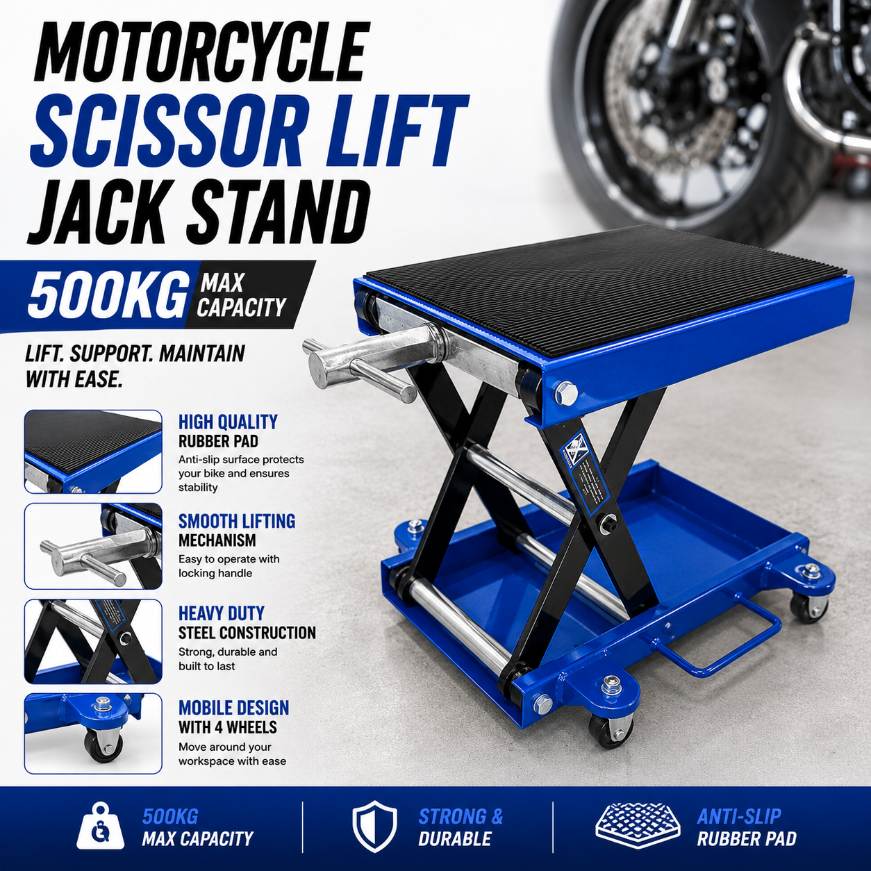 500kg Mobile Motorcycle Scissor Lift Jack ATV Motorbike Stand On Wheels Blue