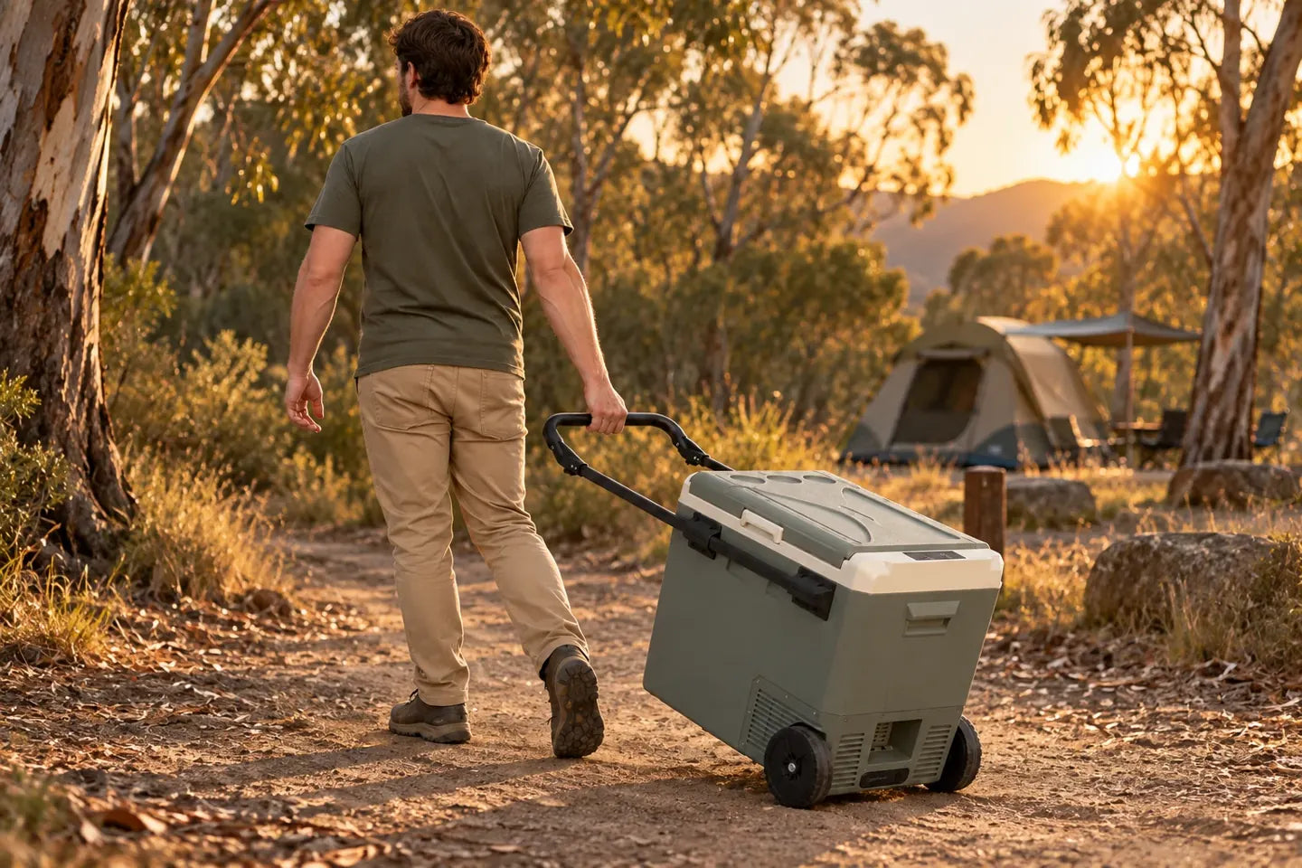 Eisberge wheeled fridge being pulled towards a campsite.