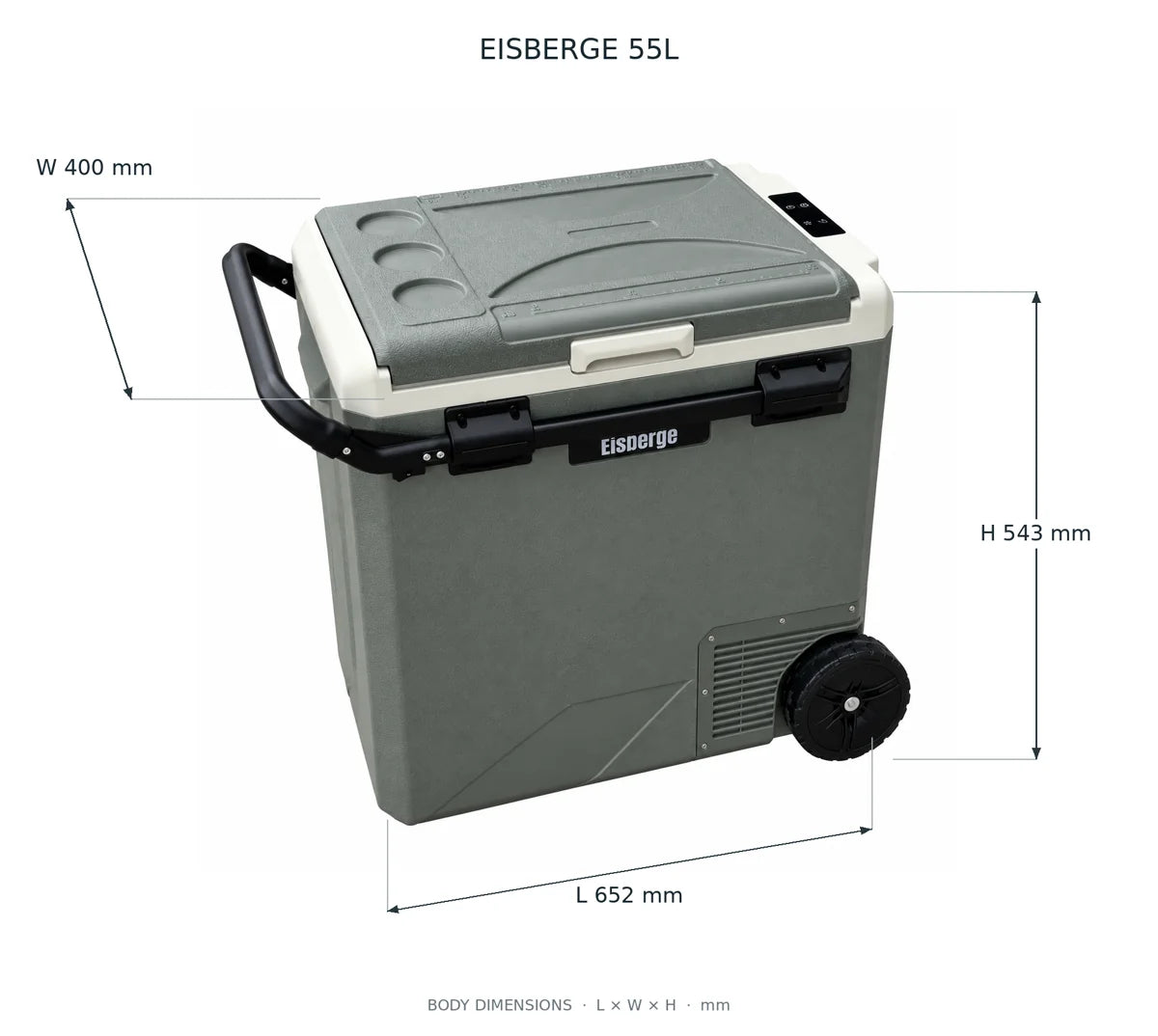 Eisberge 55L dimensions illustration: 652 x 400 x 543 mm