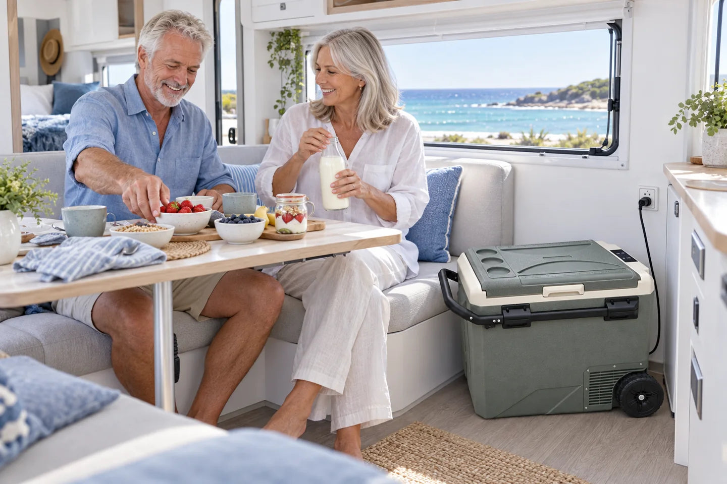 An older couple sharing milk and fresh fruit for breakfast in a bright caravan, with an Eisberge portable fridge beside them.