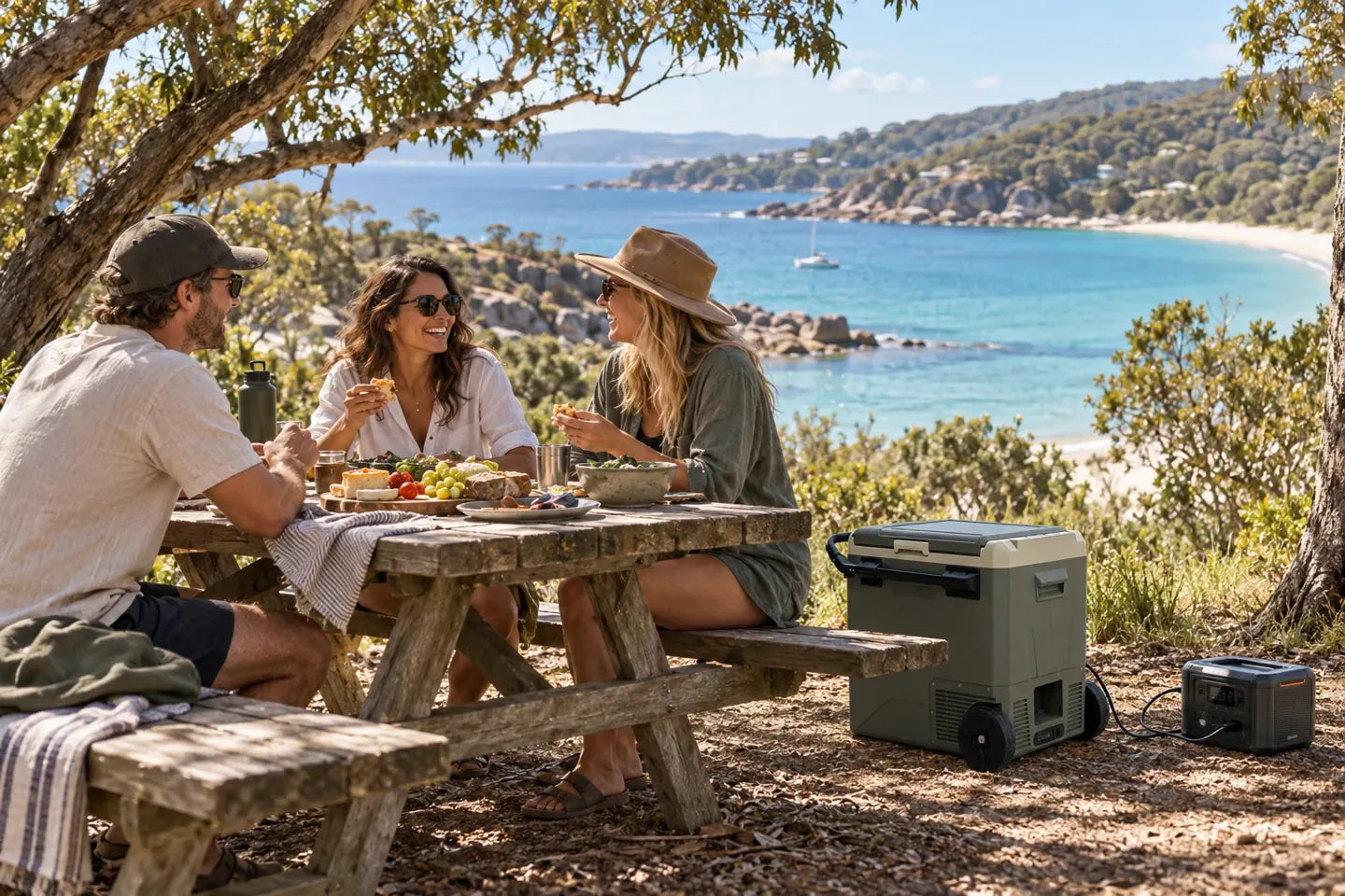 Friends enjoying a picnic overlooking an Australian bay.