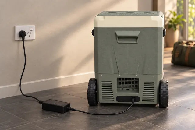 Eisberge fridge connected to an Australian wall outlet through an external AC-to-DC mains adaptor.