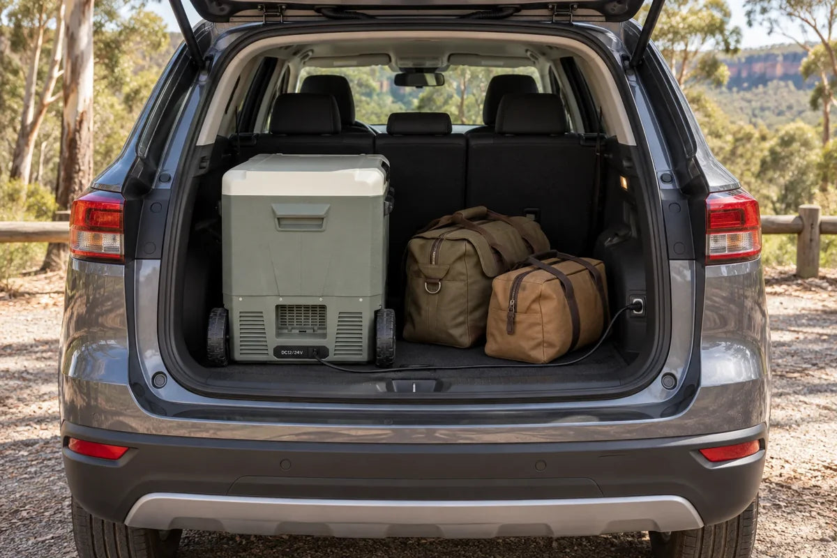 Illustrative upright fridge placement alongside bags in an SUV boot